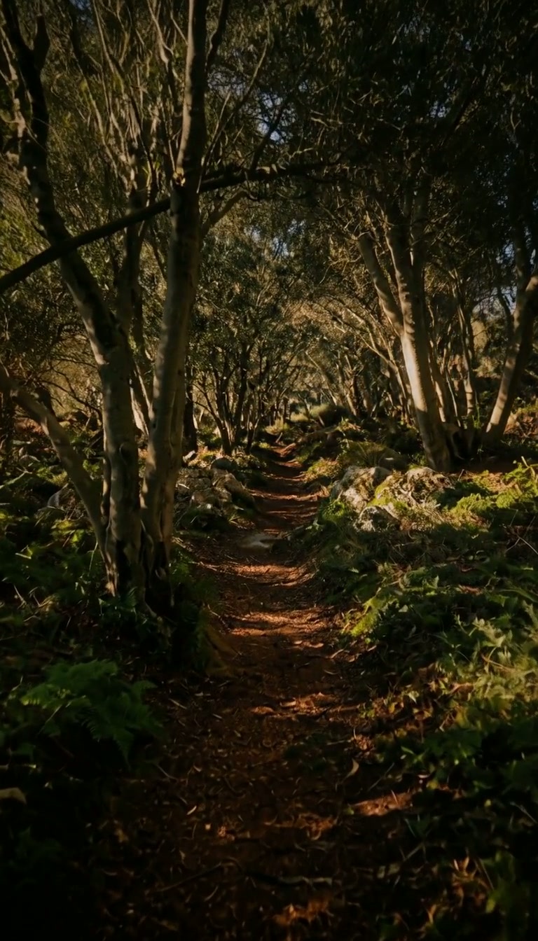 Narrow earth path curving forward through a sunlit grove of slender trees, ferns and grasses