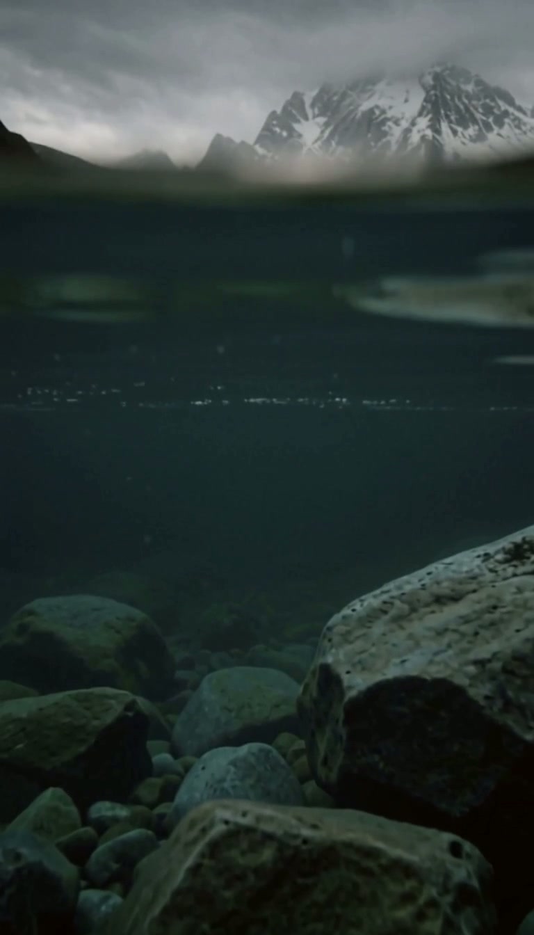 Still glacier lake at dawn beneath snow-covered granite peaks, seen half above and half below the waterline