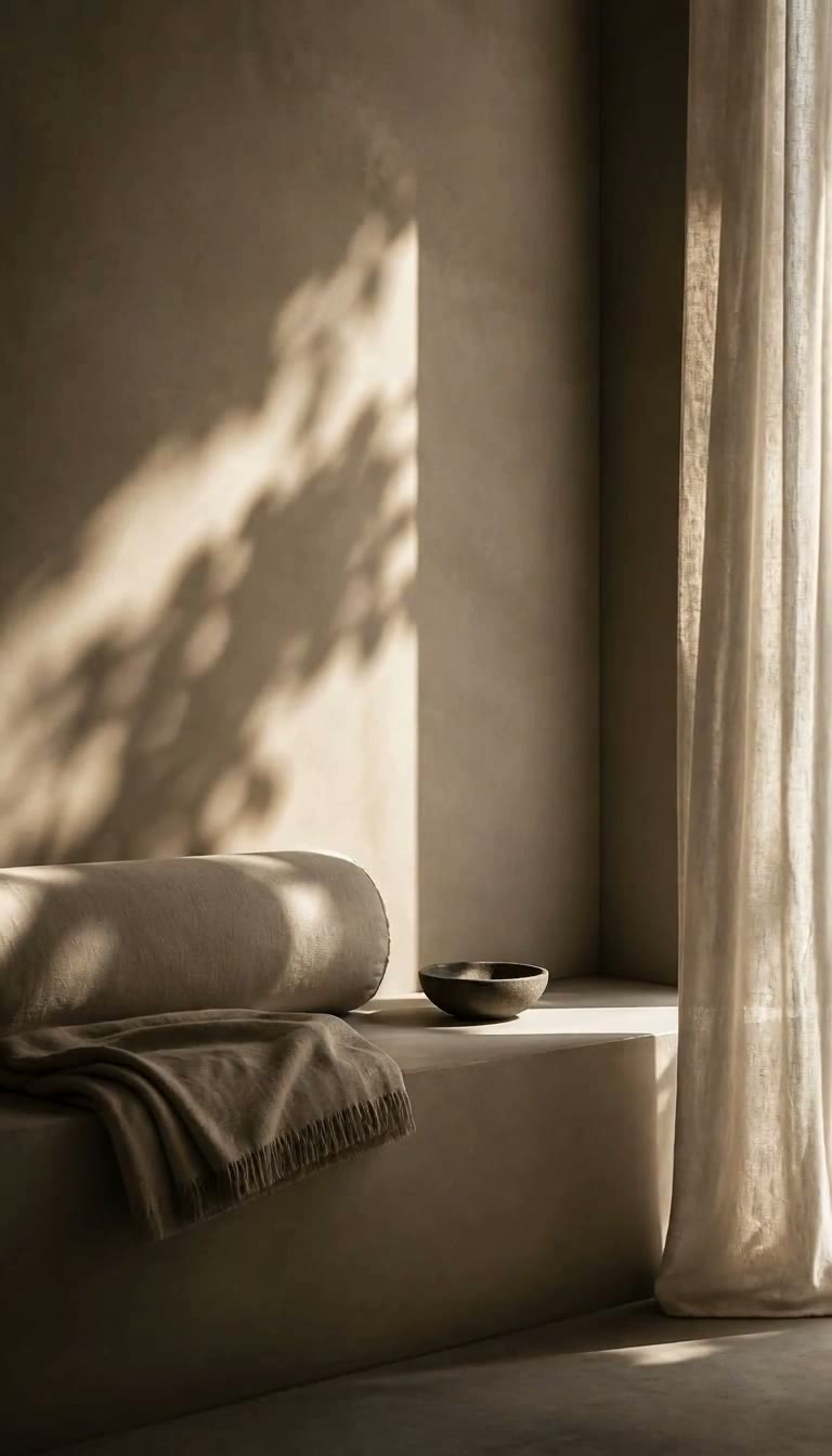 Linen bolster and folded throw on a warm greige plaster ledge, dappled leaf shadow across the wall beside a sheer linen curtain