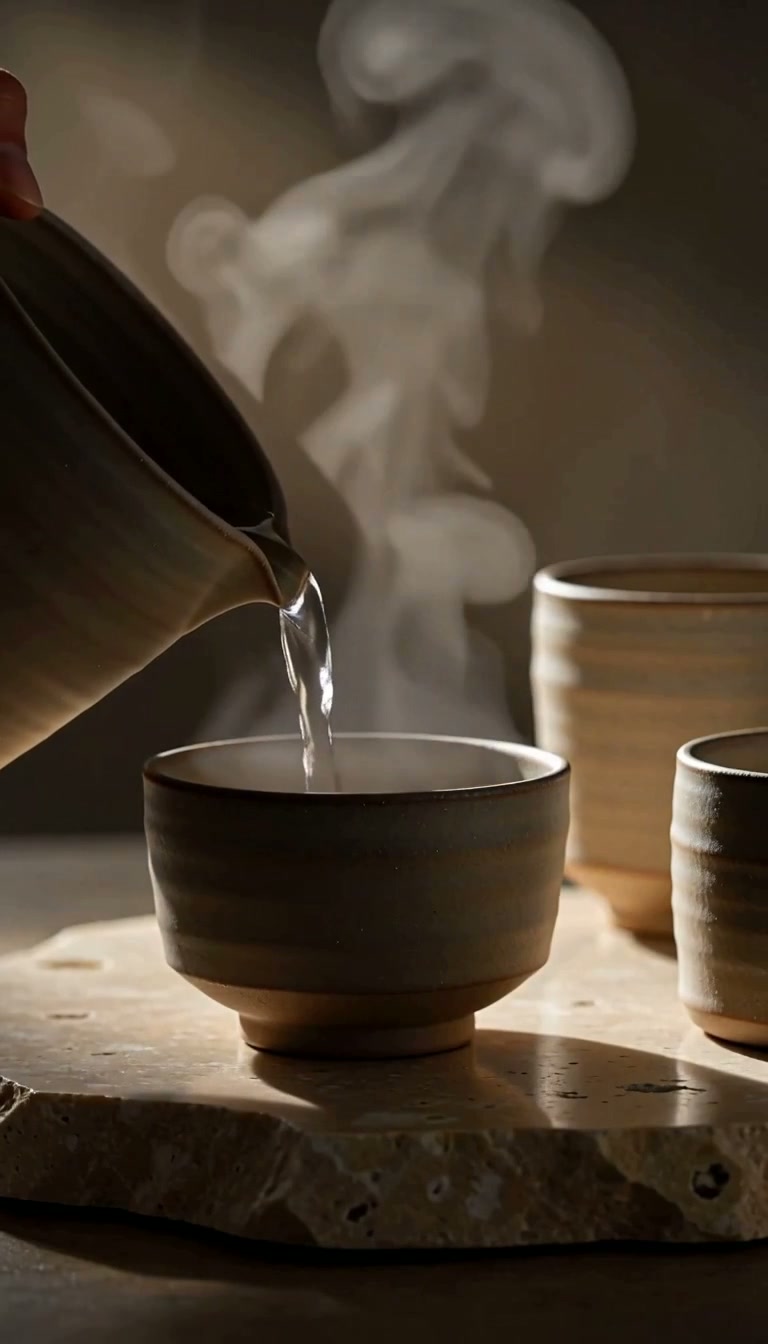 Water poured slowly into a ceramic cup with rising steam