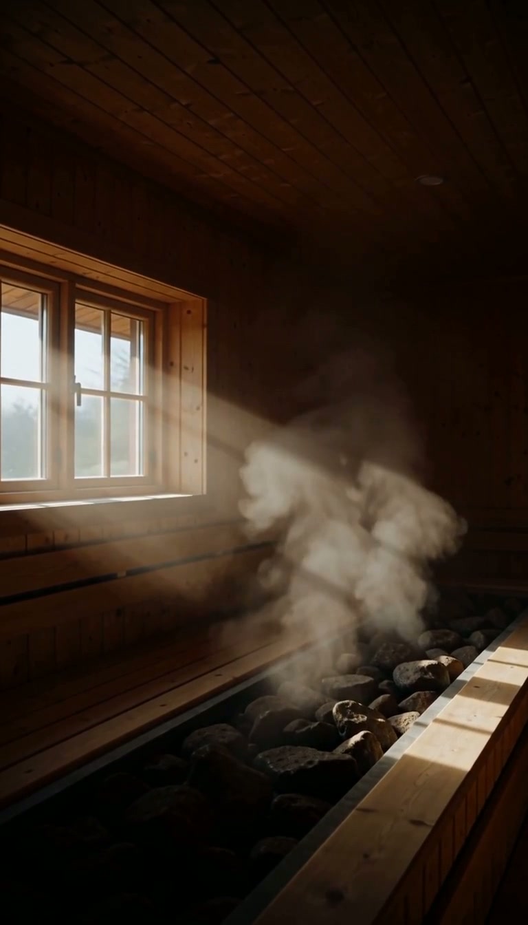 Timber sauna interior with warm light and rising steam