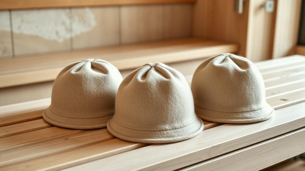 Three natural wool felt sauna hats arranged on a travertine bench in soft daylight