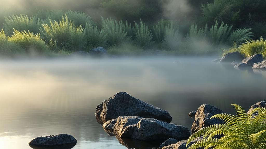 A still lake surrounded by ferns and rocks in early morning light