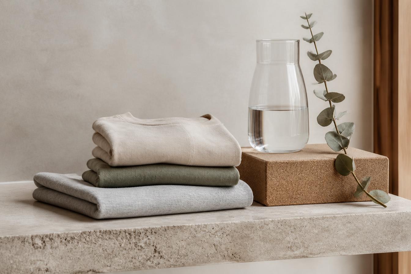 Folded traceable natural wool and linen activewear layers beside a cork yoga block and a glass vessel of water on a travertine ledge
