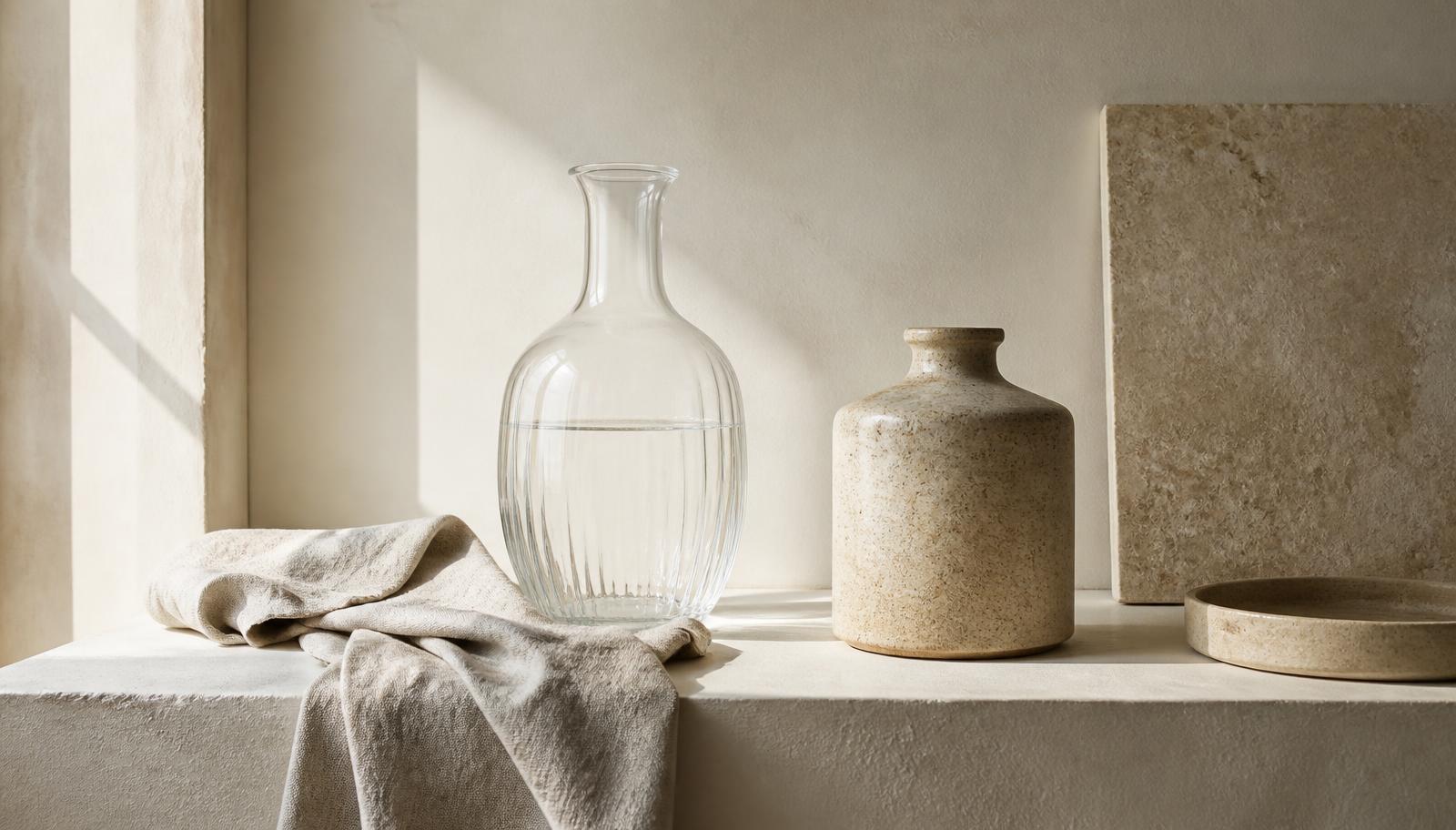 Glass carafe, linen cloth and a stoneware vessel on a pale plaster ledge in daylight