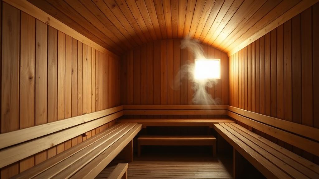 Interior of a timber-lined sauna with warm light and rising steam