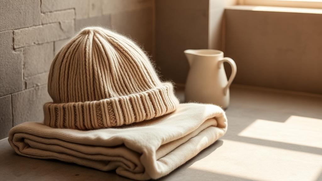 A natural wool sauna hat drying flat on a folded linen towel beside a ceramic water jug