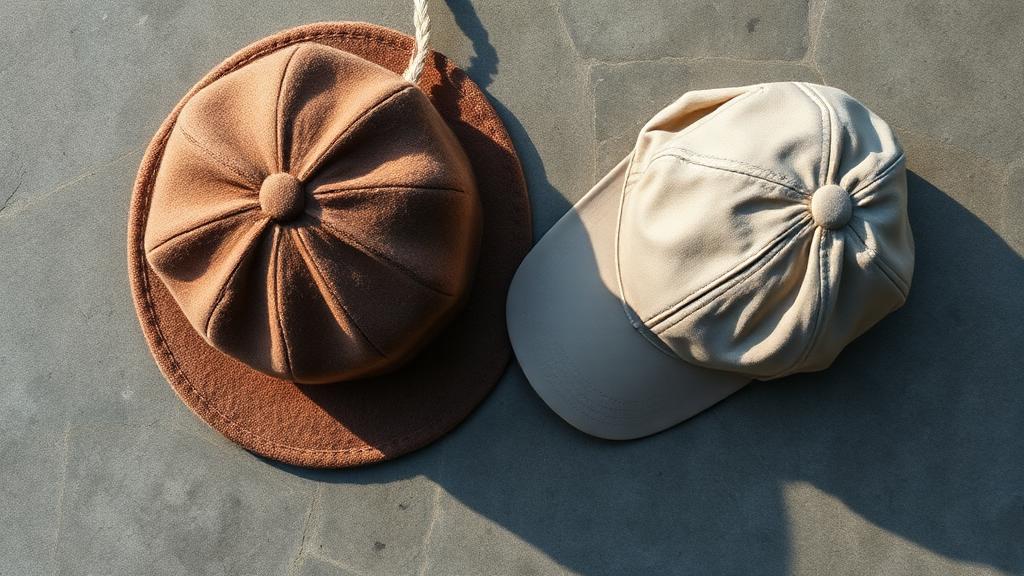 A traditional wool felt sauna hat next to a plain baseball cap on a cool stone surface