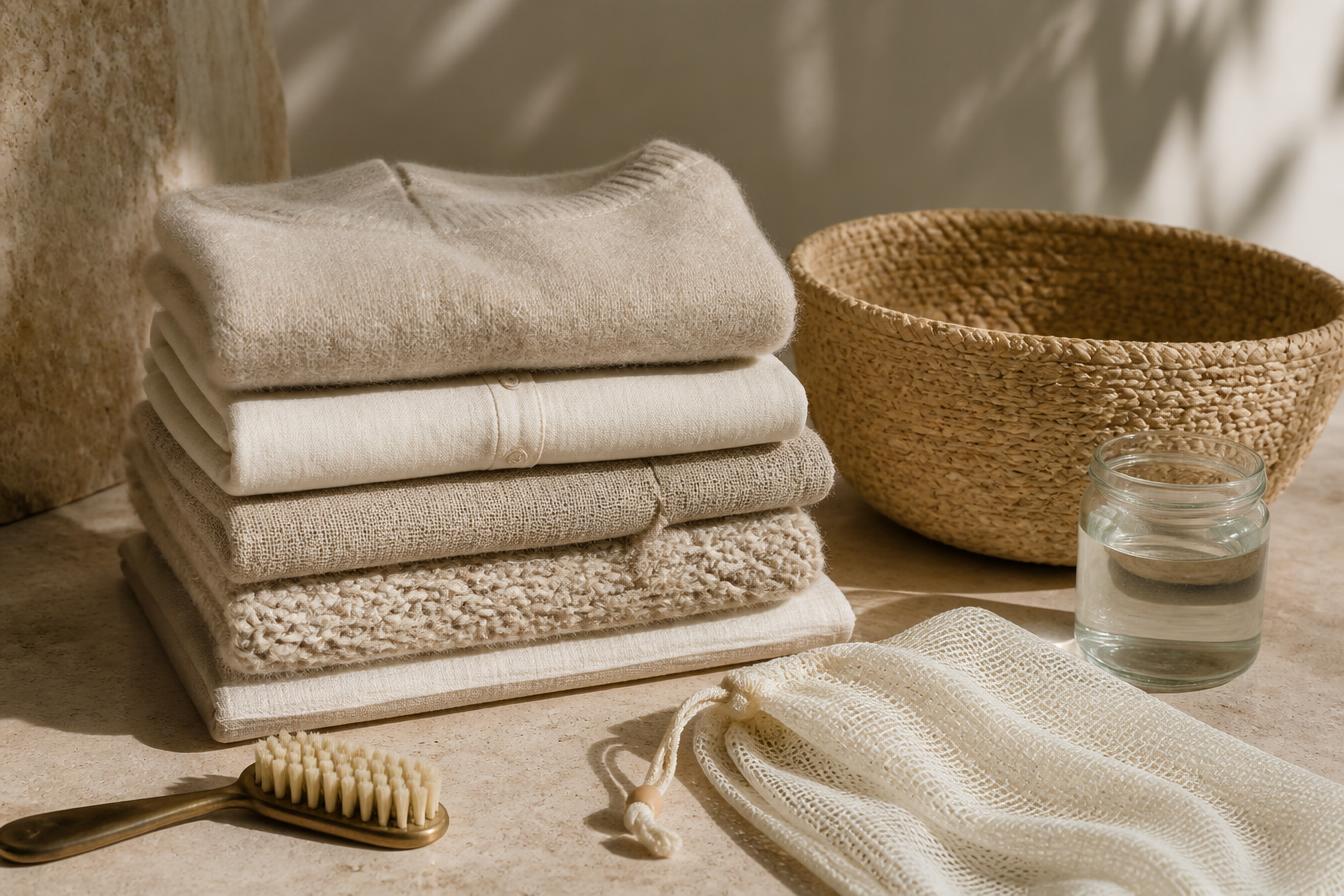 Folded undyed wool, linen and cotton garments beside a woven basket, clothes brush and mesh laundry bag on travertine