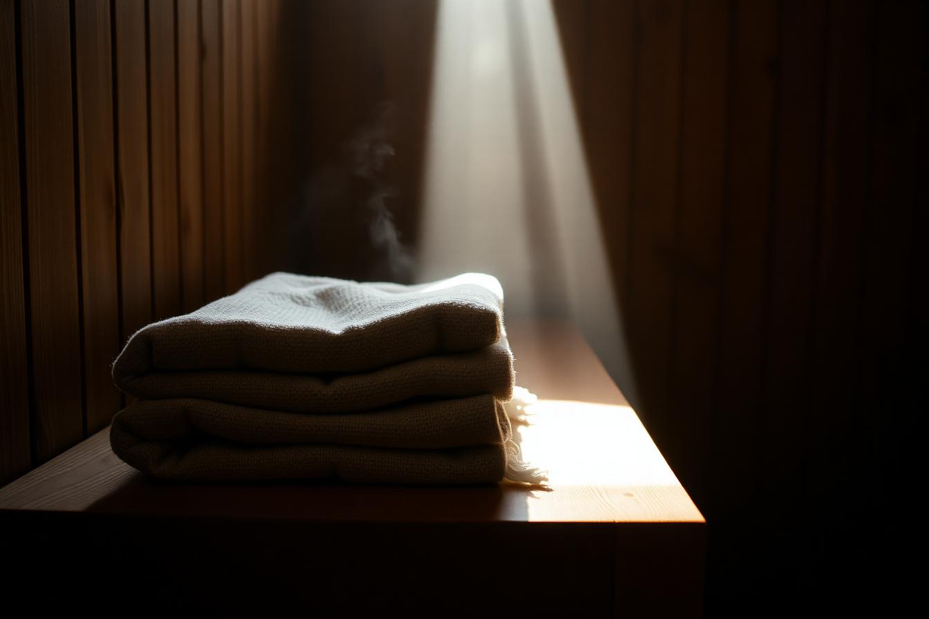 Damp folded towels on a cedar sauna bench with steam drifting through low daylight