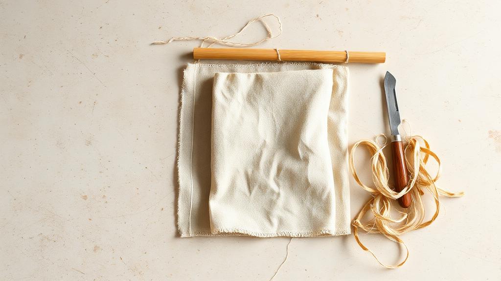 A material study flat lay of cork bark, undyed linen, bamboo, wool fibre and steel on travertine