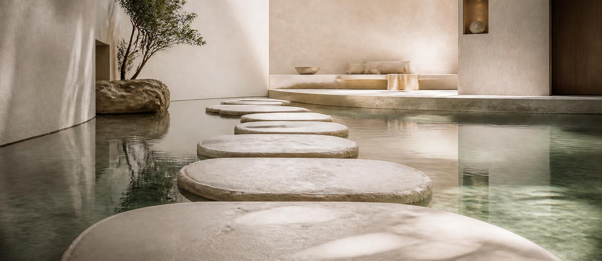 Circular limestone stepping stones lead across still water in a quiet spa interior