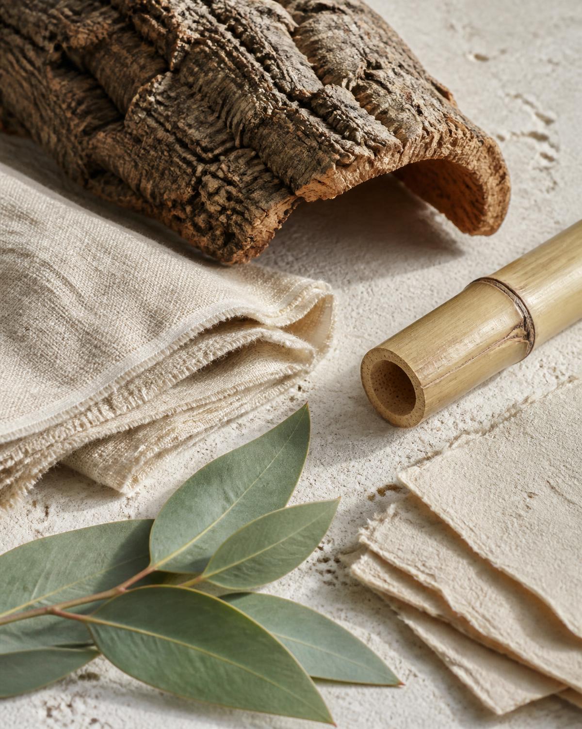 Macro study of raw cork bark, dried eucalyptus leaves, plant fibre and moss on pale stone