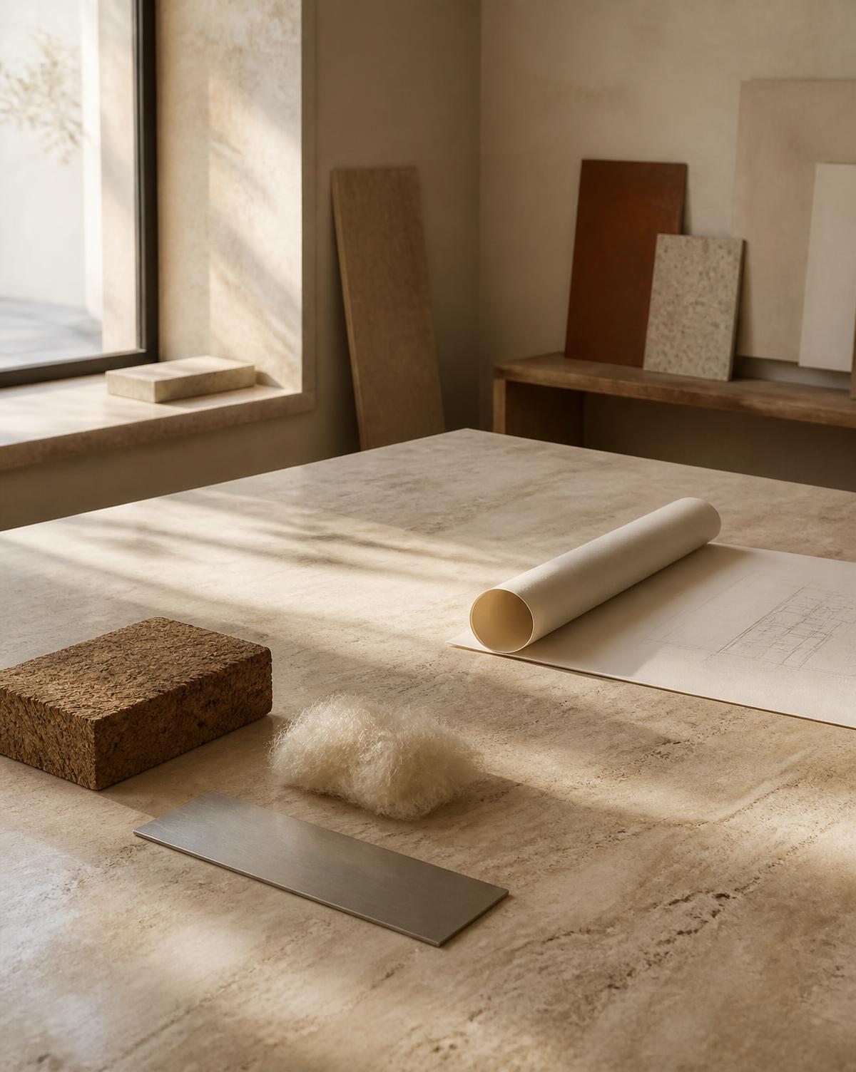 Quiet material research studio in warm daylight — cork, raw wool and steel samples laid on a travertine worktable beside a rolled drawing